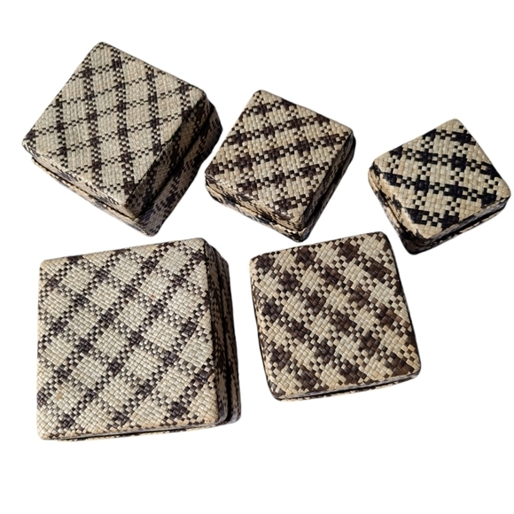 NESTED Vintage Baskets 5PC Set Boho Square Storage Brown Natural Tan - Picture 3 of 10